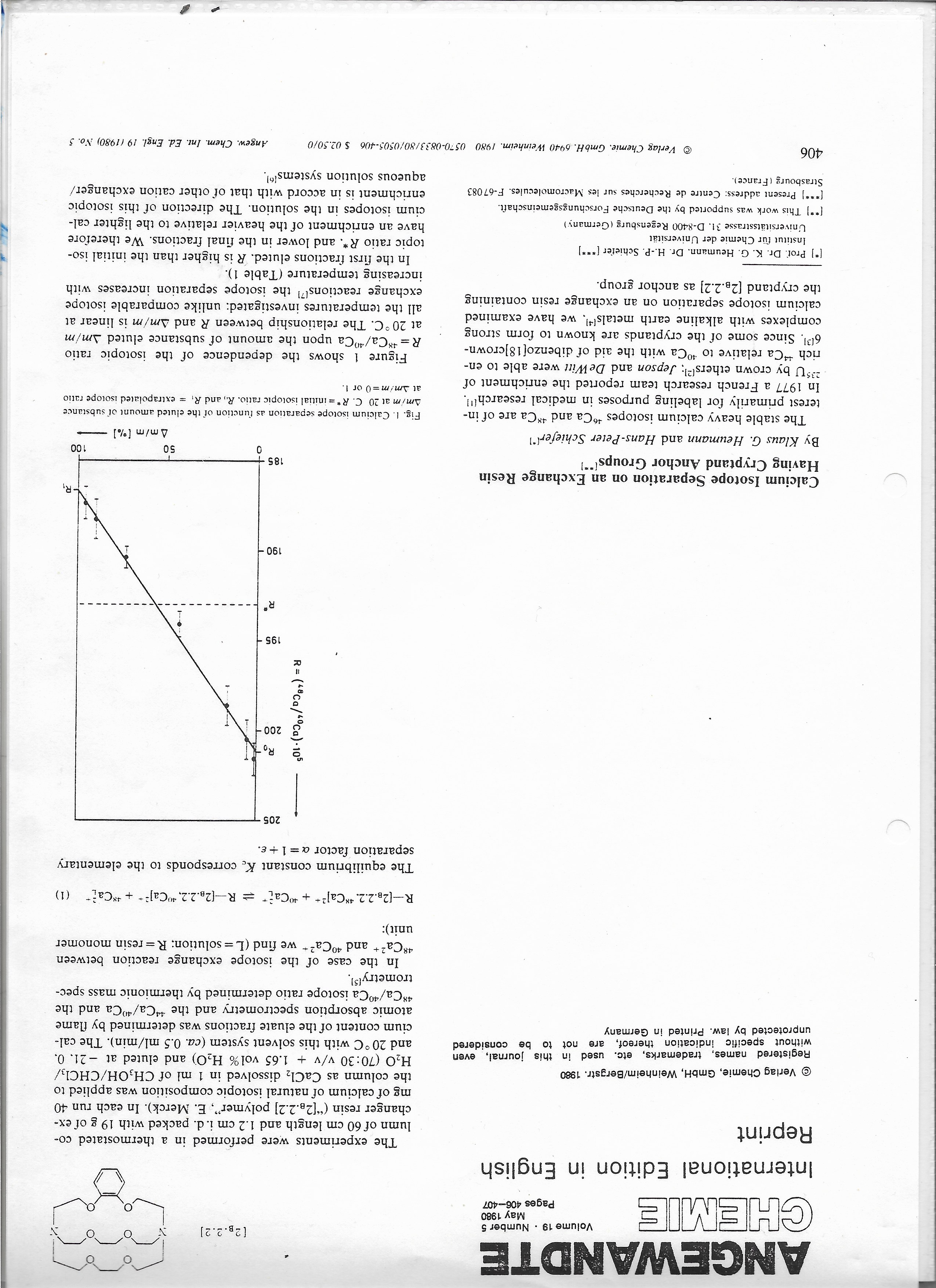 Coverbild des Buchs Calcium Separation on Exchange Resin Having Cryptand Anchor Groups Angewandte Chemie Volume 19 Number 5 May 1980 page 406-4075