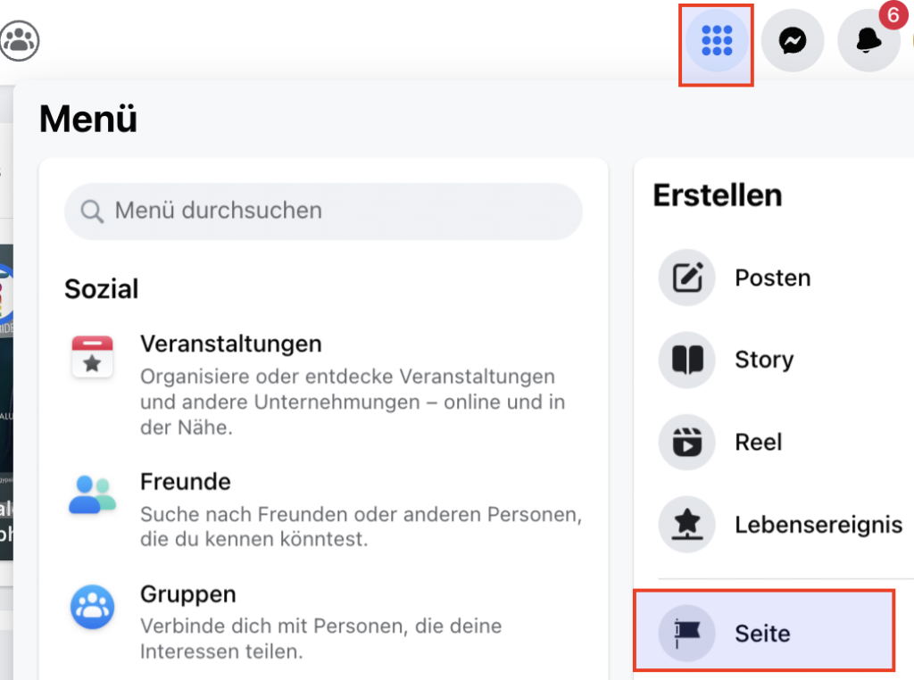 Screenshot von Facebook, der die Funktion Seite erstellen zeigt. 